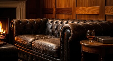 Naklejka premium A dark distressed leather chesterfield sofa with tufted upholstery and ornate detailing in a classic interior setting