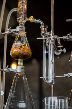 A variety of glass distillation apparatuses and flasks filled with botanical ingredients set up on hot plates in a laboratory. Essential oil extraction concept.