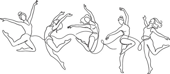 Continuous line drawing of five female dancers in graceful ballet poses isolated on transparent background © Ranasa