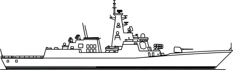 Naval warship or destroyer line art, detailed outline illustration of a military vessel viewed from the side profile as PNG element © SHIRIN