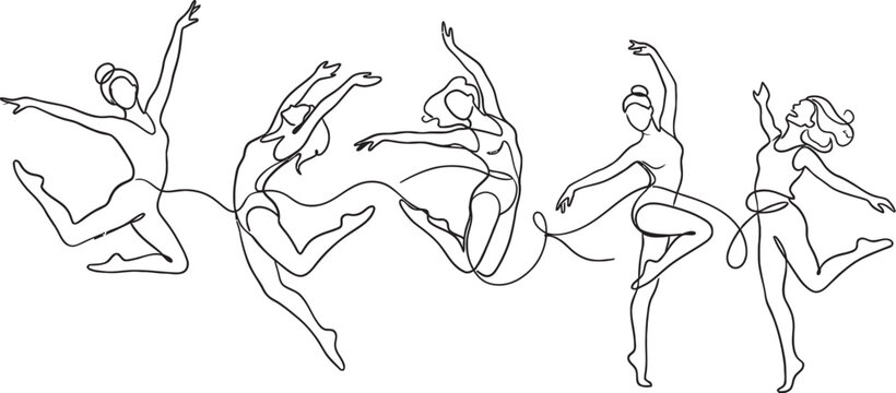 Continuous line drawing of five female dancers in graceful ballet poses isolated on transparent background