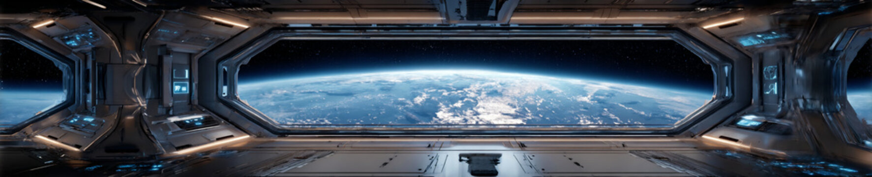 futuristic space station interior, earth view through panoramic window, sleek sci fi orbital control room