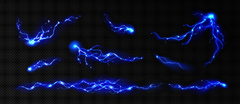 Blue lightning bolts set isolated on transparent background. Vector realistic illustration of electric energy strikes, thunder storm design elements, magic power effect overlay, stormy sky pattern