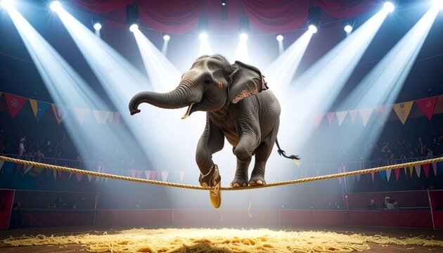 Elephant in Ballet Shoes on Tightrope Under Spotlight