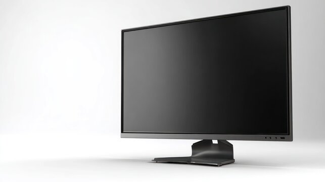 Modern monitor with a blank, black screen sits on a bright white surface