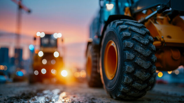 Heavy wheel loader on construction site at sunset with rugged tire, cranes, dirt road, and glowing work lights