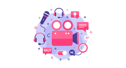 Fototapeta premium Multimedia Content Creation Concept with Video Camera, Microphone, and Headphones for Vlogging, Podcasting, and Social Media Marketing
