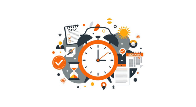Time Management and Productivity Concept Illustration with Alarm Clock, Hourglass, Daily Checklist, and Calendar Icons