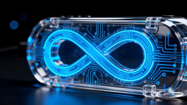 Transparent box with glowing infinity circuit