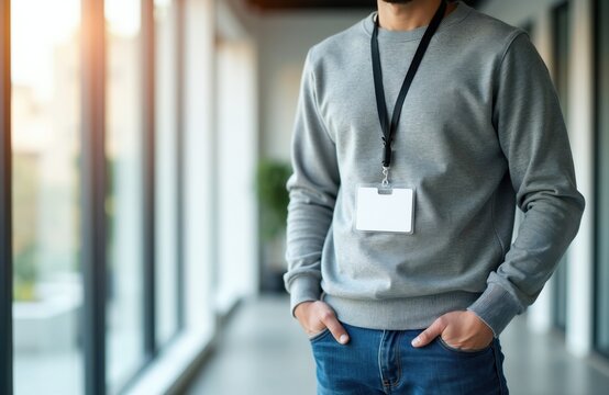Man with blank ID badge on lanyard stands indoors. Person wears grey sweater blue jeans. Business identification, work access or event pass concept.