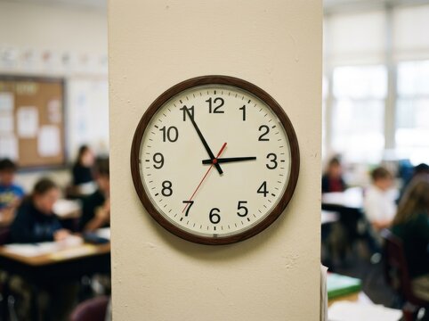 Classroom wall clock with blurred students in the background for time management theme