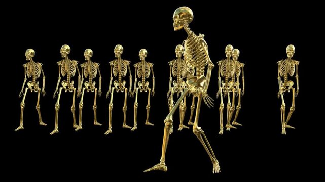 Golden Human Skeleton Figures Walking in Formation on Dark Background Scene