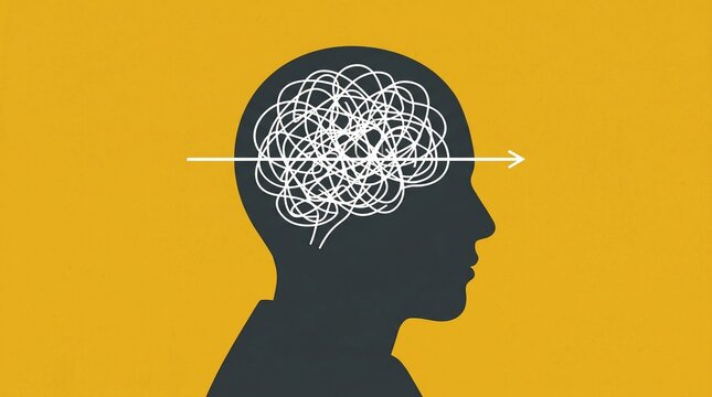 Confused brain silhouette with arrow showing clarity, thought process