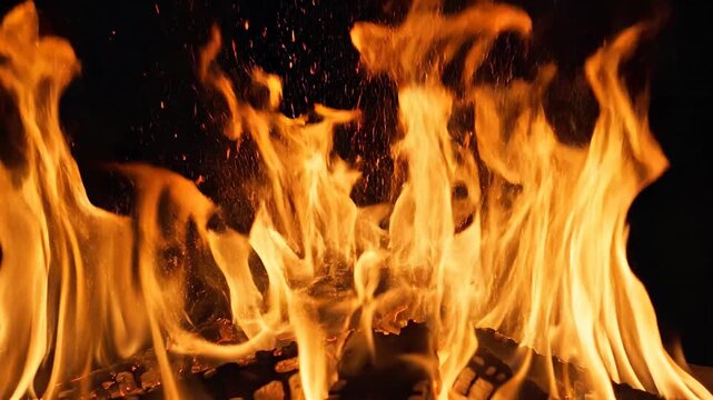Close-up view of vibrant orange flames dancing against a dark background