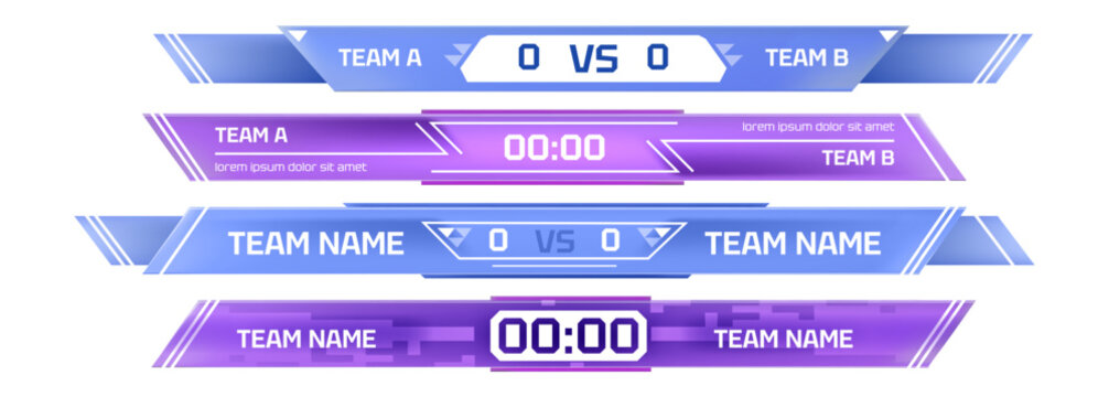 Professional soccer scoreboard templates with lower third display for live match broadcasts. Realistic vector panels with team names, game scores, and timer elements for sports tournaments