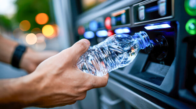 Hand inserting an empty plastic water bottle into a reverse vending machine, showing recycling, sustainability, and circular economy
