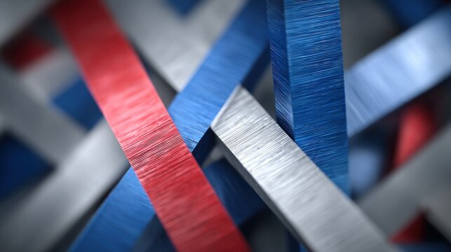 Elegant metallic ribbons in national colors forming geometric composition with brushed textures and smooth gradients