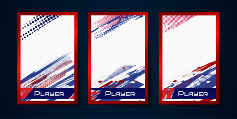 Sport trading card template with soccer player frame, halftone texture, vector borders with transparent background. Modern collectible sticker design for football, hockey, baseball, basketball photos © klyaksun
