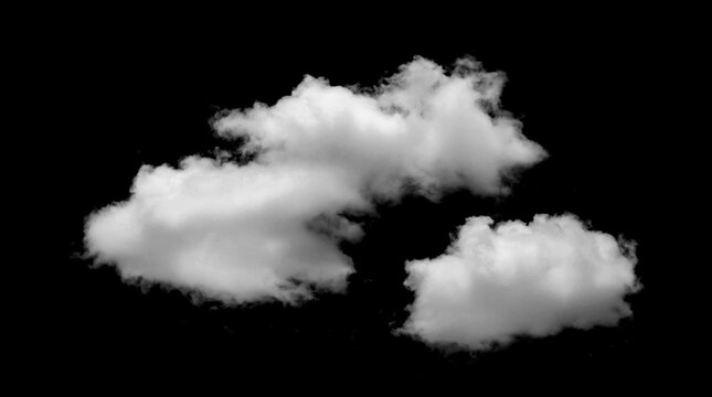 Set of realistic white clouds isolated on black or transparent background, soft cloud overlay, floating sky element, weather effect, cloud texture for design, compositing and visual effects.