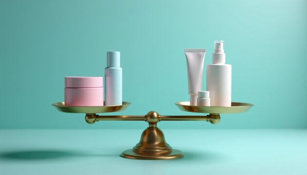 Cosmetic products sit balanced on scale trays. This symbolizes choice and equal quality in beauty and skincare options. Comparison of creams and lotions on a teal backdrop.