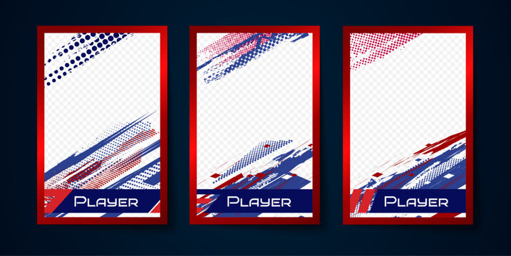Sport trading card template with soccer player frame, halftone texture, vector borders with transparent background. Modern collectible sticker design for football, hockey, baseball, basketball photos