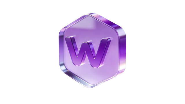 Purple glass hexagonal token with letter W logo 3D render icon, crypto currency emblem isolated on white