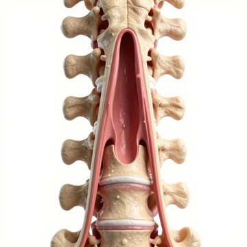 Anterior view of lumbar spine showing spinal canal, cauda equina and intervertebral discs.