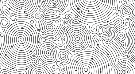 Fototapeta premium Abstract vector seamless pattern with topographic lines and dots representing data flow and connections.