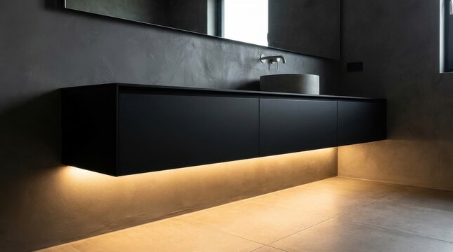 Modern black bathroom vanity with soft underlighting and sleek basin design, a sophisticated interior element