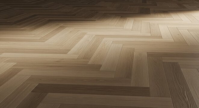 Elegant light oak hardwood flooring laid in a classic herringbone pattern with soft light and shadow play