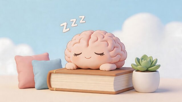 Cute brain sleeping on book with pillows