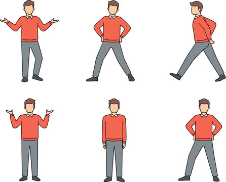 Man Character Standing and Walking Pose Vector Illustration Set Showing Different Body Language Gestures in Red Sweater