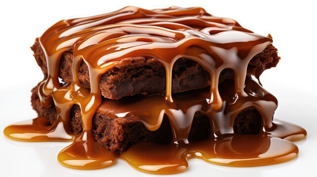Rich chocolate brownies drenched in gooey caramel sauce with baked goods chocolate cake chocolate