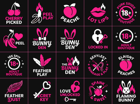 Playful Adult Boutique Logo Collection - Cherry Picked, Bunny Den, Lot Lips and Other Sensual Pink Emblems Vector Set