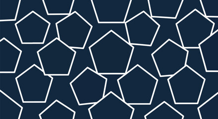 Fototapeta premium Seamless pattern featuring repeating navy blue background with arranged white outline pentagon shapes.