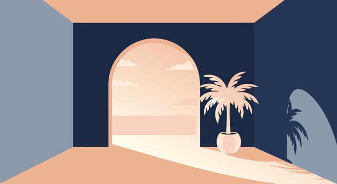 Serene vector illustration capturing a tranquil indoor scene with an arched doorway leading to a sunny ocean landscape and a stylized palm tree, perfect for travel concepts
