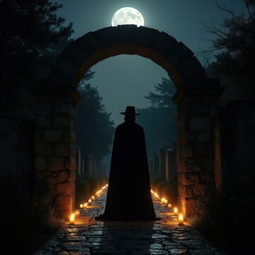 Silhouette figure stands within ancient cemetery archway. Moon illuminates path lined with candles. Mysterious guardian watches over graves under night sky. Spiritual entity evokes ancestral power,