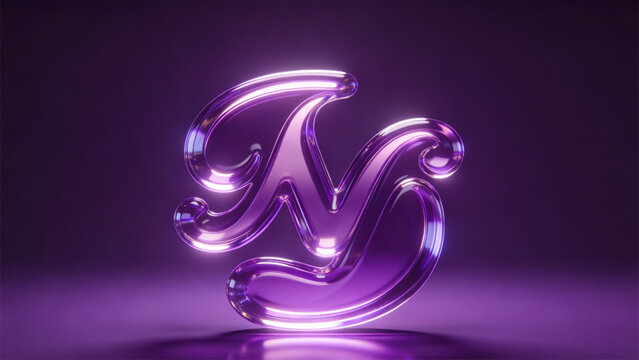 Luxury letter M 3D illustration, elegant purple glass cursive alphabet symbol, creative typographic design on dark background