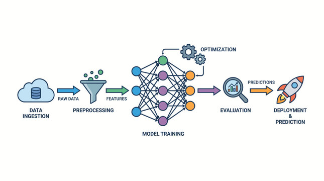 AI Machine Learning Model Training and Deployment Pipeline Illustration with Data Flow and Optimization Steps in bright studio background.