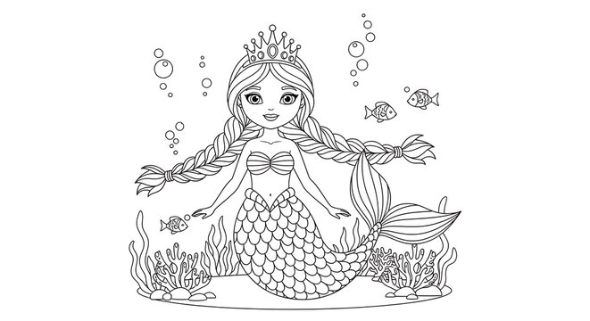 Mermaid princess sitting underwater surrounded by fish seaweed and bubbles