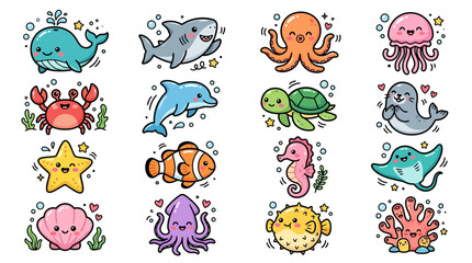 Collection of Cute Kawaii Sea Creatures and Ocean Life Illustrations. © Vena