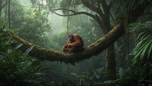 Orangutan sitting on a mossy branch in dense tropical rainforest