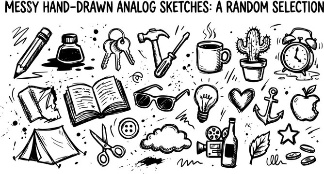 Messy Hand-Drawn Analog Sketches: Random Objects - Pencil, Book, Tent, Tools, Cactus, Clock, Apple
