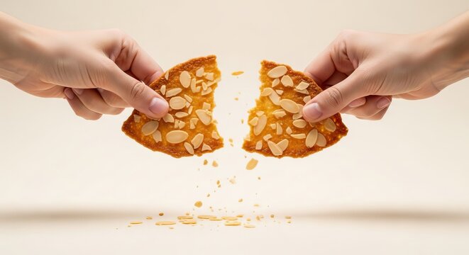 Two hands breaking apart a golden almond tuile cookie, scattering crumbs, showcasing a delightful crunchy texture and sweet flavor.