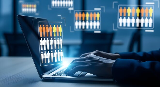 Person analyzing data on a laptop with population graphics