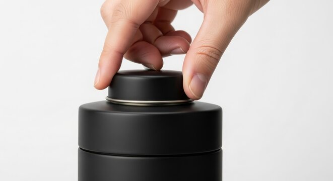 Hand Sealing a Modern Black Tea Canister Lid for Freshness and Storage