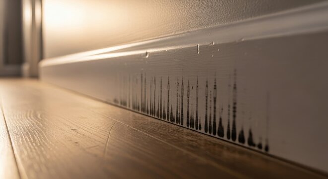 Scuff marks from shoe contact on a white baseboard near a wooden floor entryway
