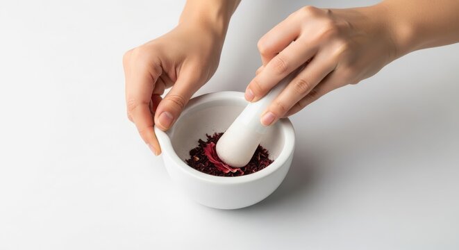 Hands grinding dried hibiscus petals in a white mortar and pestle for culinary use