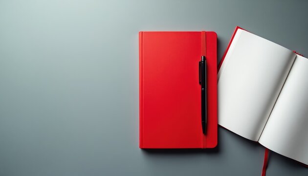 Red notebook rests beside open journal on gray surface. Black pen lies atop cover. Minimalist setup suggests planning, journaling or creative work. Ideal for business education content.