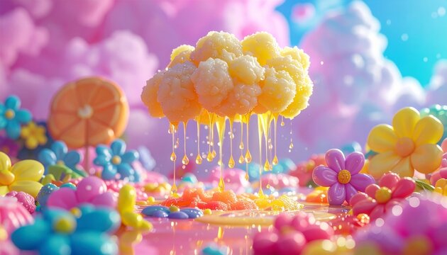 Cloud raining lemonade on candy garden